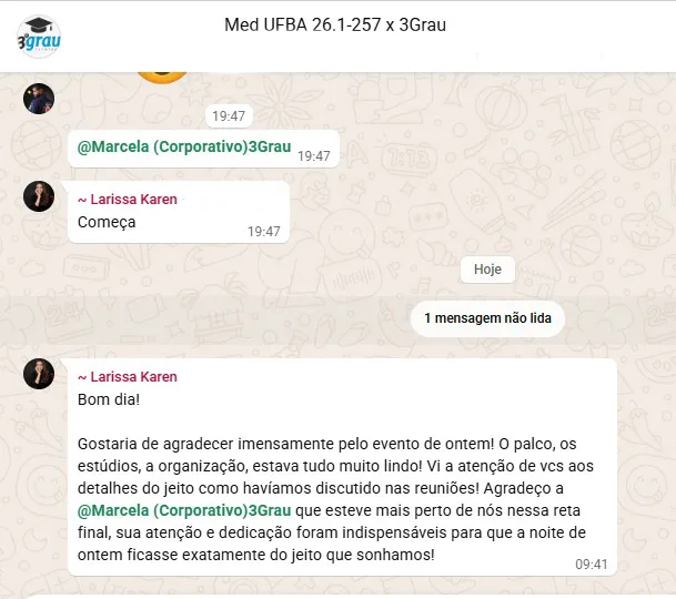 Print de conversa no WhatsApp. Larissa Karen escreve: “Gostaria de agradecer imensamente pelo evento de ontem! O palco, os estúdios, a organização, estava tudo muito lindo! Vi a atenção de vcs aos detalhes do jeito como havíamos discutido nas reuniões.”