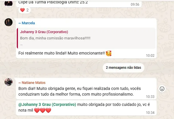 Print de conversa no WhatsApp. Marcela escreve “foi realmente muito linda, muito emocionante” e Natiane Matos completa: “Muito obrigada gente, eu fiquei realizada com tudo, vocês conduziram tudo da melhor forma, com muito profissionalismo.”