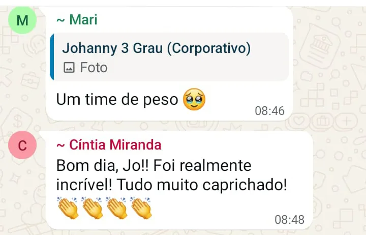 Print de conversa no WhatsApp. Mari comenta “um time de peso” e Cíntia Miranda completa: “Bom dia, Jo! Foi realmente incrível! Tudo muito caprichado!”
